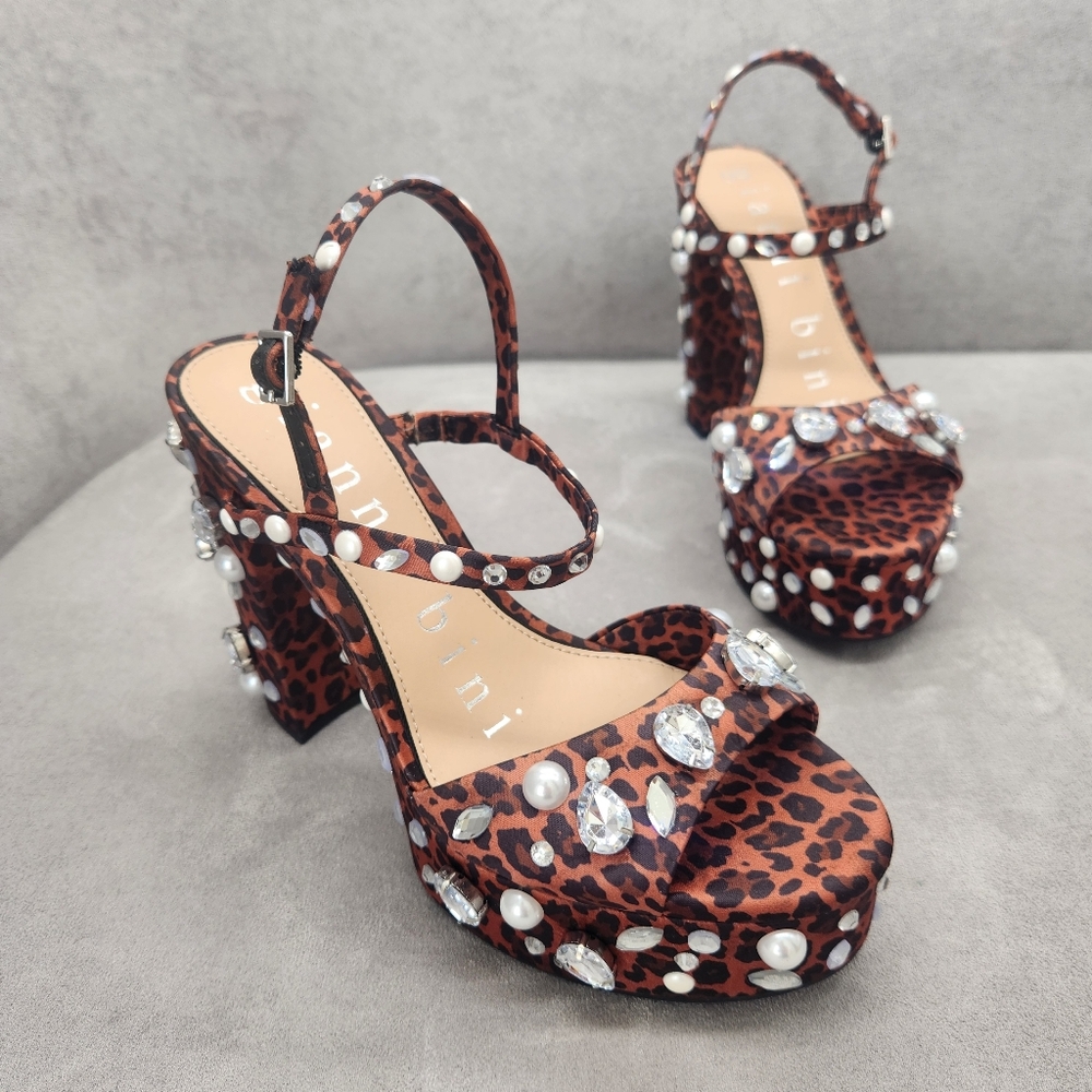Gianni Bini Platform Sandals 8 Brown Leopard Satin Calvan Two Jeweled New $150 - Picture 8 of 17